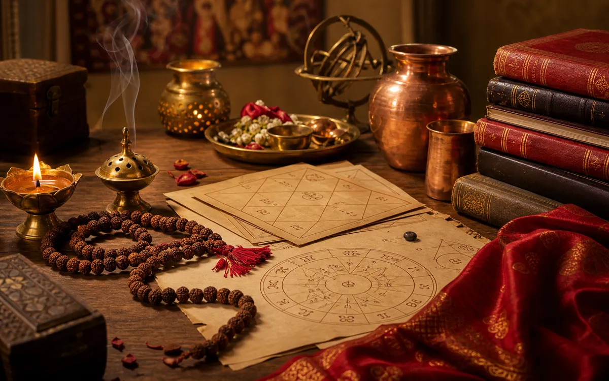 Astrology consultation desk with sacred remedies